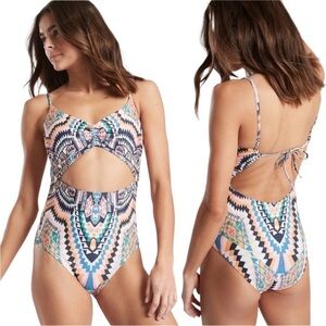 Athleta Desert Geo Printed Cutout High Waisted One Piece Swimsuit Medium Petite